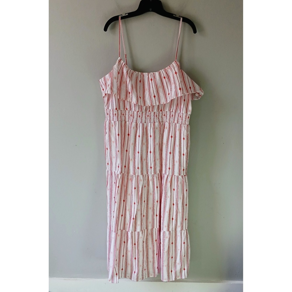 Loft Women's Size XL Tiered Midi Dress Striped Embroidered 100% Cotton NWT!!